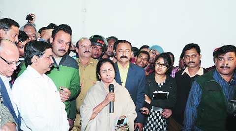 Chief Minister Mamata Banerjee speaks to the media about Suchitra Sen ‘s medical condition on Saturday. 