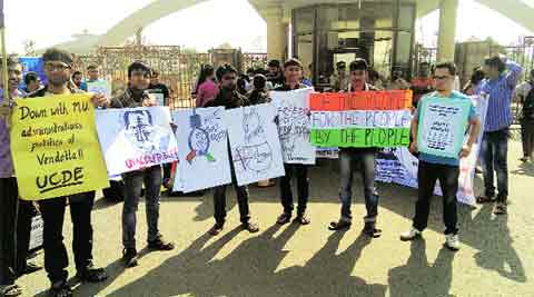 Students outside the Vidyanagari campus in Kalina on Sunday. Express
