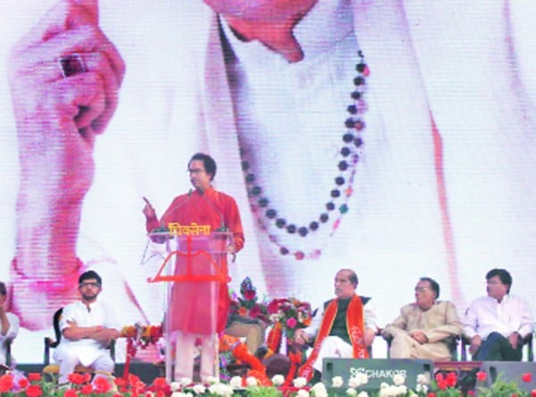 Sena president Uddhav Thackeray addresses the rally that was held to mark the birth anniversary of Shiv Sena founder Bal Thackeray. PHOTOS: Pradip Das