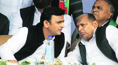 Akhilesh Yadav with father and party chief Mulayam Singh Yadav at the rally, in Varanasi on Thursday. Express