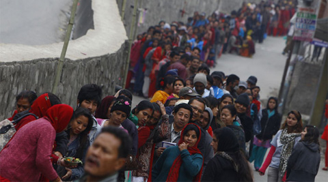 Devotees queue to offer a prayers during the Shivaratri festival at the courtyard of the Pashupatinath Hindu temple in Katmandu. (AP)