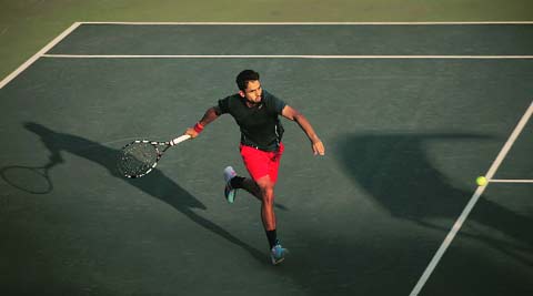 Sanam Singh of India lost 2-6, 6-3, 4-6 to Ukrainian Illya Marchenko at the Delhi ATP Challenger at the RK Khanna Tennis Stadium on Monday.	 (Oinam Anand)