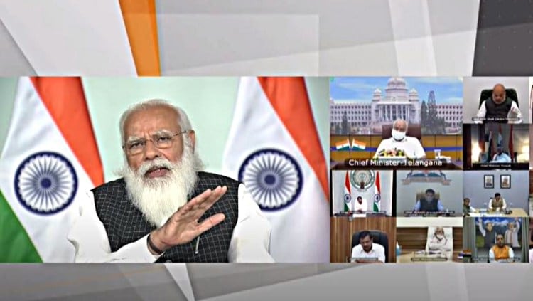 Prime Minister Narendra Modi at a virtual meeting with Chief Ministers during a Covid-19 review meeting. (Source: Narendra Modi/ YouTube) 