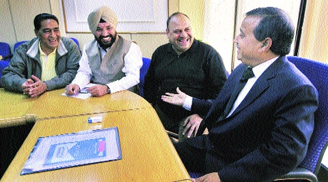 Delhi Congress chief Lovely with Chief Secretary S K Srivastava at the Secretariat on Monday. Ravi kanojia