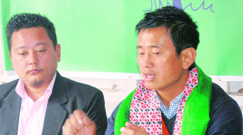 TMC candidate from Darjeeling Baichung Bhutia addresses a press conference in Gangtok, on Monday. Tshering Lepcha, General Secretary of TMC’s Sikkim unit looks on.PTI