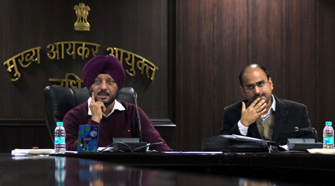 H.S.Sohi(left),Director Investigation Income Tax and Sanjeev Kaushal(right) Dy Director and Nodal officer of region for elctions while giving the details in Ludhiana. Gurmeet Singh