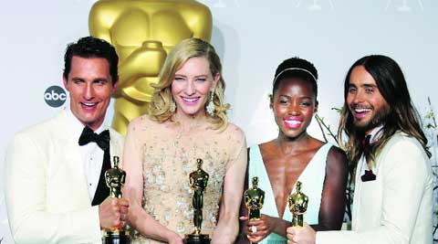 WINNERS ALL: Matthew McConaughey, Cate Blanchett,  Lupito Nyong'o  and Jared Leto pose with their Oscar awards