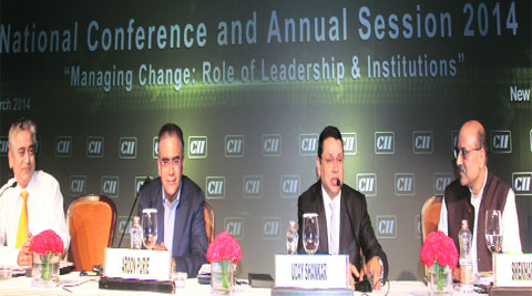 (L-R) Editor-in-Chief of IBN Network Rajdeep Sardesai, Chairman of India Today Group Aroon Purie, CEO of Star India Uday Shankar and Editor-in-Chief of The Indian Express Shekhar Gupta at the panel discussion. (IE photo: Purushottam Sharma)