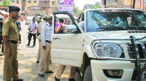 Yogesh Raut’s car at Gandhi Chowk in Badlapur on Tuesday. Deepak Joshi