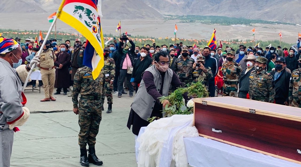Nyima Tenzin, Nyima Tenzin funeral, ram madhav at Nyima Tenzin funeral, sff soldier death, tibetan unit soldier funeral, india china border dispute, indian express