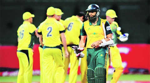 Hashim Amla’s was the only wicket to fall in the South Africa innings of the second T20. The Durban match, won by Australia, was reduced to seven-overs-a-side due to rain. (AP)