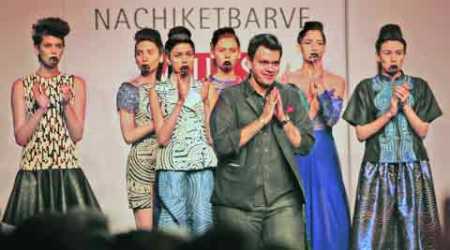 Nachiket Barve takes a bow with his models at WIFW Autumn-Winter 2014