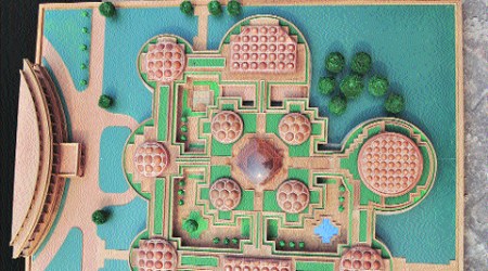 A detail of a building by Raj Rewal; the model of the Parliament Library on display at NGMA.