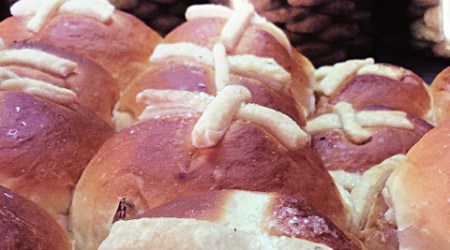 The cross buns at Theobroma are made with spices and dried fruits; Kyani & Co stocks the buns only for three days starting Maundy Thursday.