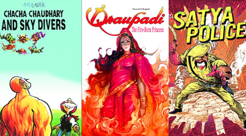 Comic covers of Chacha Chaudhary; Draupadi; Satya Police.