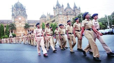 Women police personnel stage a march as part of bandobast duty, at CST on Thursday. Prashant Nadkar