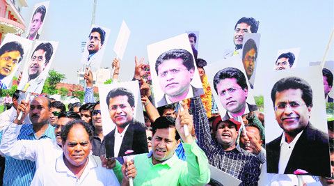 Poster Boy: Lalit Modi’s supporters took to the Sawai Mansingh Stadium in Jaipur after the former IPL commissioner was announced the winner of the Rajasthan Cricket Association elections on Tuesday. PTI
