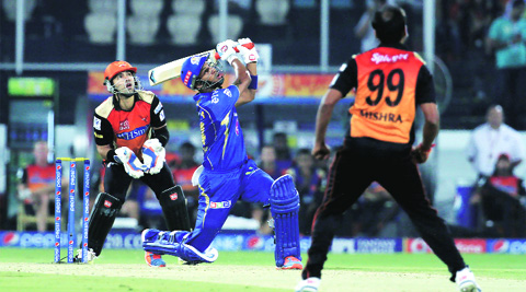 Lendl Simmons lofts Sunrisers’ Amit Mishra in Hyderabad on Monday. Simmons made 68 and added 130 runs with Rayudu (68). BCCI