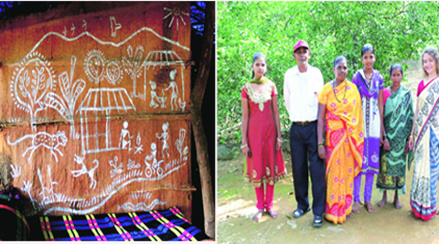 The Warli painting (left); Tatiana Petrova with the Jadhav family. Amit Chakravarty