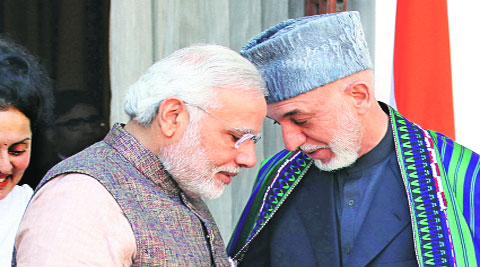 Modi and Karzai before a meeting at Hyderabad House on Tuesday.( Source: Express photo by Anil Sharma )