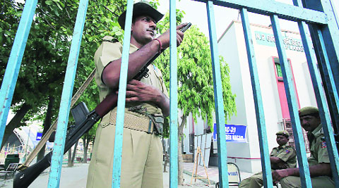 Security personnel outside a counting centre.