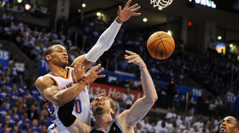 San Antonio Spurs center Tiago Splitter attempts a shot against Oklahoma City Thunder guard Russell Westbrook. (Source: USA Today Sports)