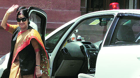 Sushma Swaraj outside South Block in New Delhi on Thursday. (Source: Express photo by Renuka Puri)