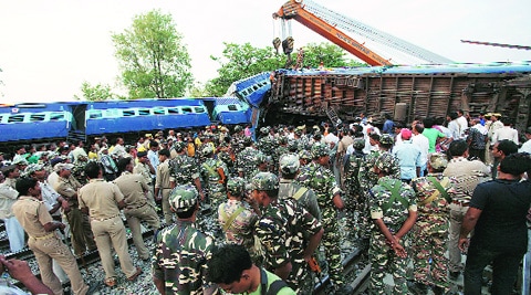 Rescue operation in progress at Chureb railway station in Basti on Monday.
