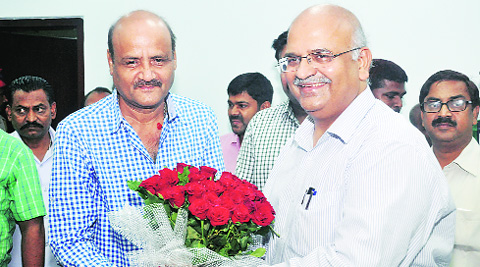 Alok Ranjan (right) takes charge as new Chief Secretary, in Lucknow Saturday. Vishal Srivastav