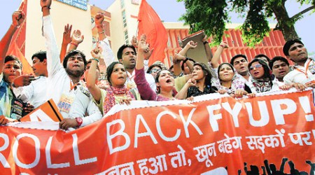 The ABVP members outside the UGC office in the capital on Friday. (Express Photo: Ravi Kanojia)