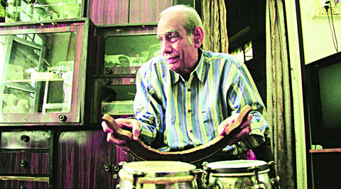 Homi Mullan with his collection of ercussion instruments at his Bandra home