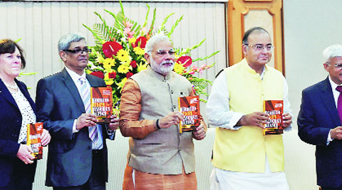 At the launch of a book co-edited by Bibek Debroy (left), dean of the Vivekananda Foundation’s Centre for Economic Studies, PM Modi stressed the role of think tanks in policymaking.(Express)