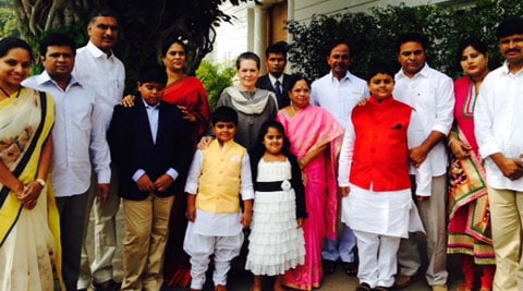 KCR and his family with Sonia Gandhi in Delhi in February. (Source: File photo)