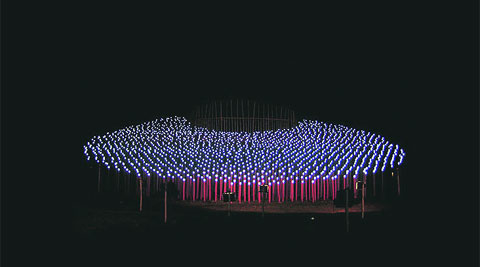 Vinyl stickers pasted atop the bamboos glow in the dark.