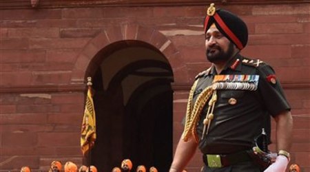 Outgoing Army Chief General Bikram Singh after inspecting a guard of honour at South Block in New Delhi on Thursday. (Source: PTI)