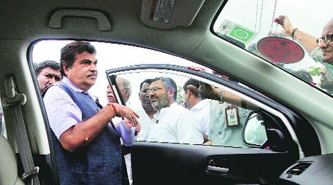 Gadkari was accompanied by ministers Rao Inderjit Singh and Krishan Pal Gujjar
