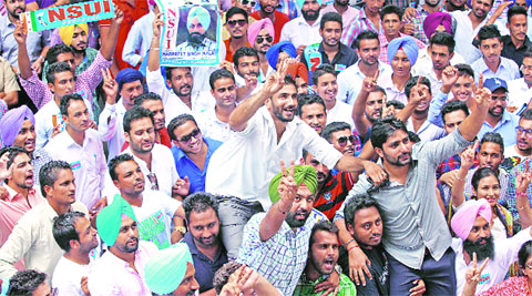Supporters of NSUI at Panjab University  on Wednesday. (Source: IE photo by Sumit Malhotra)