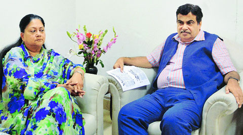 Vasundhara Raje with Union minister Nitin Gadkari in New Delhi Friday.