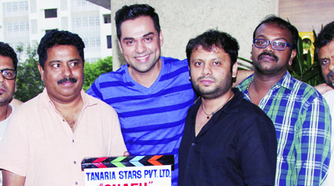 Abhay Deol is flanked by director Sethu Sriram, dialogue writer Chintan Gandhi and sound recordist Radhakrishnan