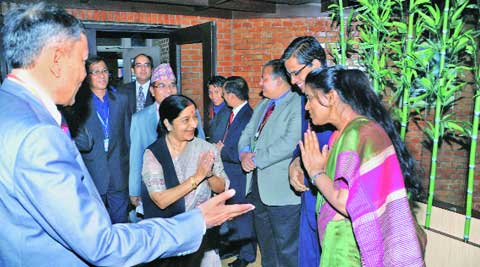 Sushma Swaraj arrives at Tribhuvan International Airport in Kathmandu, on Friday. (Source: PTI)
