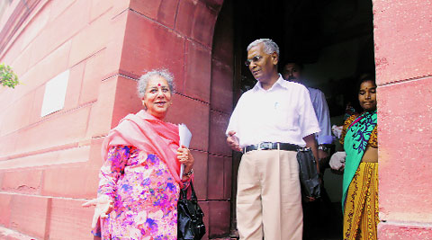 Congress MP Ambika Soni with CPI’s D Raja in Parliament House on Thursday.  (Source: IE photo by Praveen Jain)