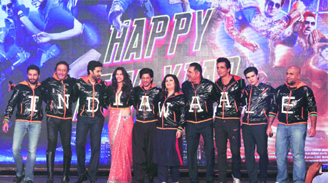 Shekhar Ravjiani, Jackie Shroff, Abhishek Bachchan, Deepika Padukone, Shah Rukh Khan, Farah Khan, Boman Irani,  Sonu Sood, Vivaan Shah  and Vishal Dadlani at the trailer launch of Happy New Year