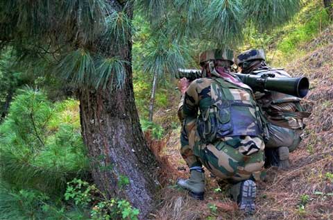 Army personnel with rocket launcher during an encounter with militants in Kalaros, Kupwara district. (Source: PTI)