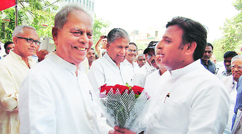 CM Akhilesh Yadav with SP leader Bhagvati Singh. Akhilesh is vice-chairman of Central Zonal Council. ( Source: Express photo by Vishal Srivastav )