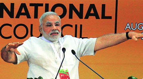 Modi at BJP’s National Council meet on Saturday.