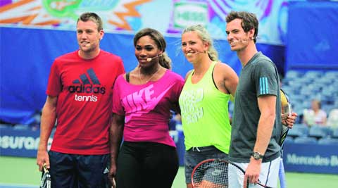 from left: Jack Sock, Serena Williams, Victoria Azarenka and Andy Murray at the US Open Arthur Ashe Kids Day at the USTA Billie Jean King National Tennis Centre, in New York. ( Source: AP )