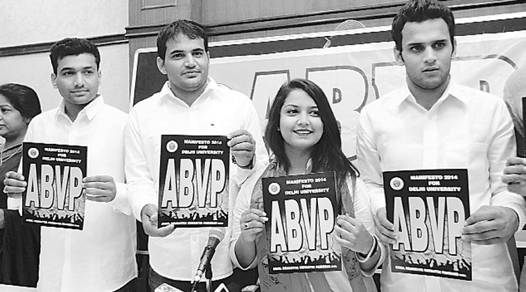 ABVP students release the organisation’s manifesto on Monday. (Source: Express photo by Amit Mehra)