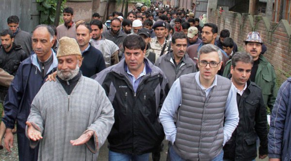 Chief Minister of Jammu and Kashmir Omar Abdullah inspecting flood situation at Magam near Srinagar on Friday. (PTI Photo)
