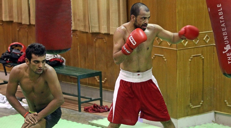 Akhil Kumar with Mandeep during the boxing camp for the Asian Games (Source: Express Photo by Kamleshwar Singh)