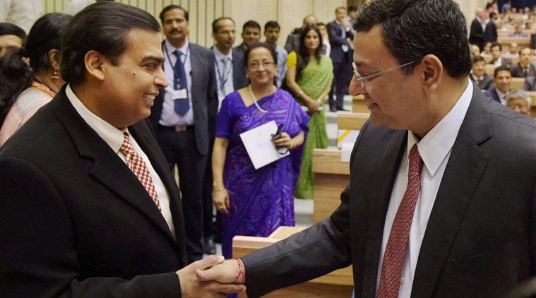 Chairman of Tata Sons, Cyrus Mistry and Reliance Industries, Chairman and Managing Director Mukesh Ambani at the launch of the "Make in India Mission" at Vigyan Bhavan. (Source: PTI photo)